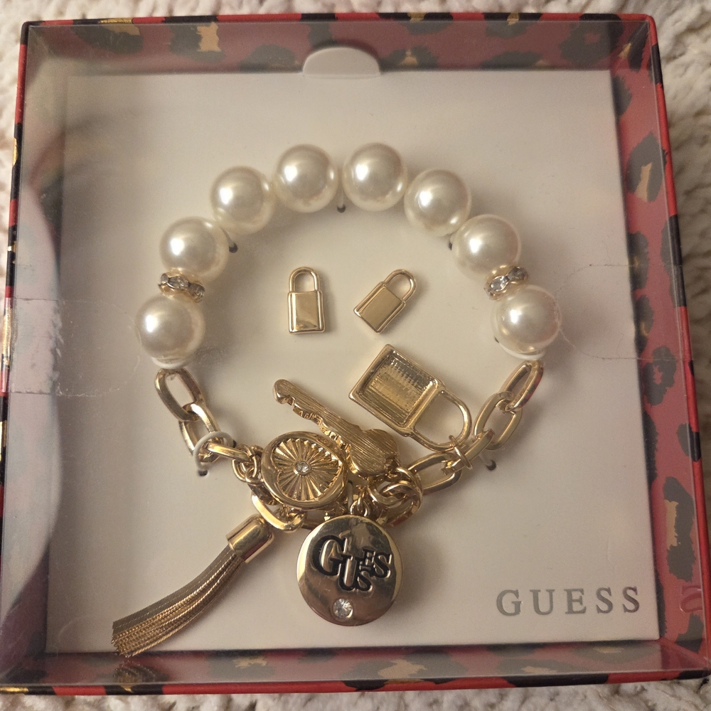 Guess Gold and White Pearl Bracelet With Earring Set